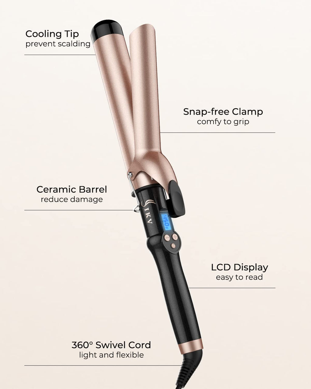 IKV ceramic tourmaline curling iron 360 degree swivel cord detail