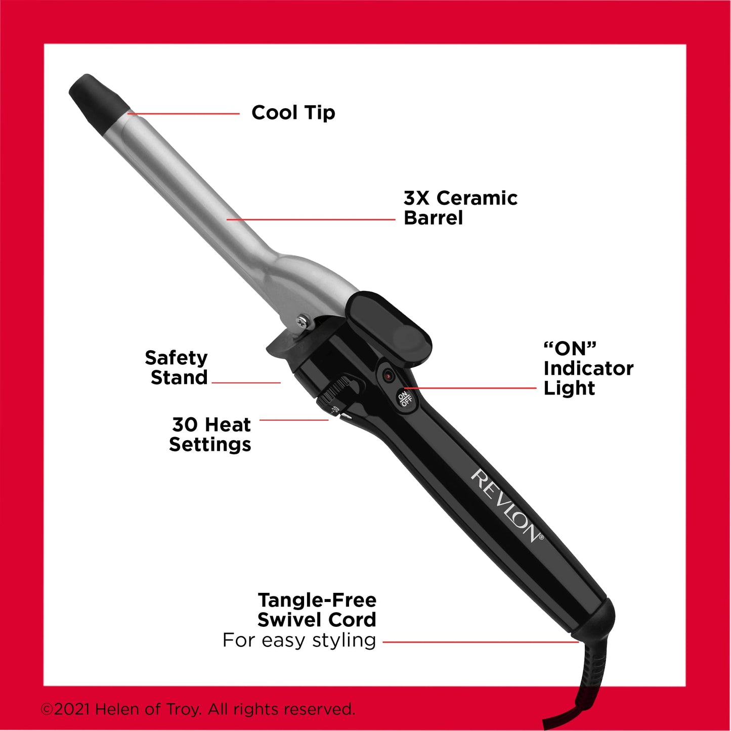 Close up shot of the three-quarter-inch ceramic coated barrel highlighting the smooth texture for frizz-free styling.