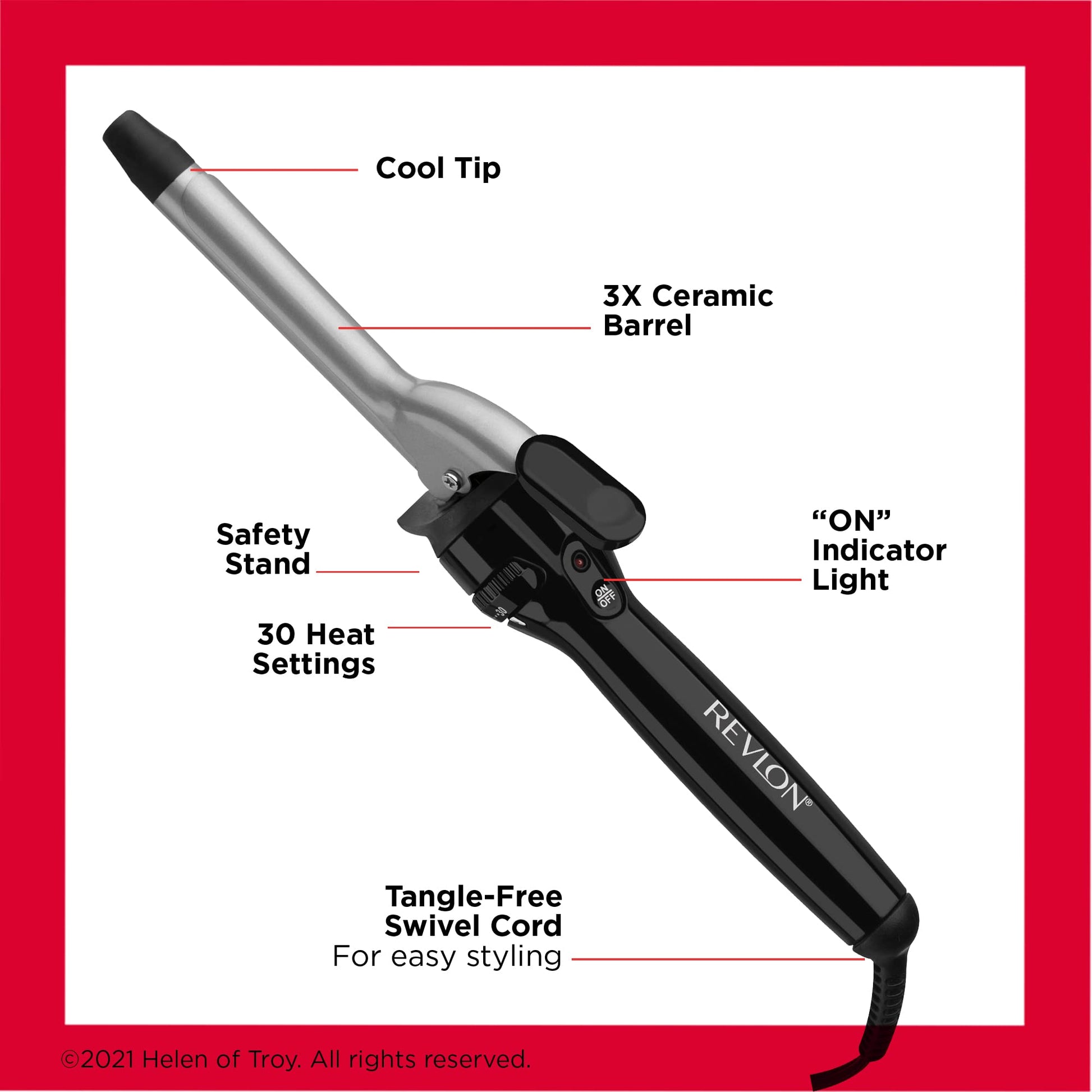 Close up shot of the three-quarter-inch ceramic coated barrel highlighting the smooth texture for frizz-free styling.
