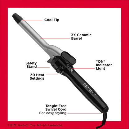 Close up shot of the three-quarter-inch ceramic coated barrel highlighting the smooth texture for frizz-free styling.