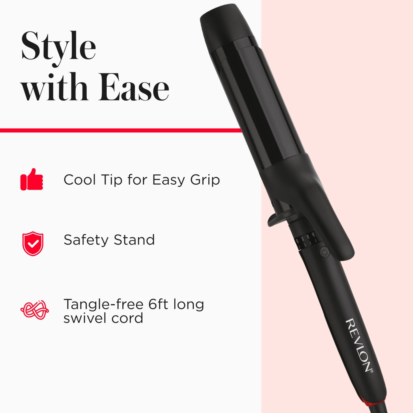 Side view of the premium black Revlon SmoothStay curling iron showcasing the ergonomic handle and clamp lever