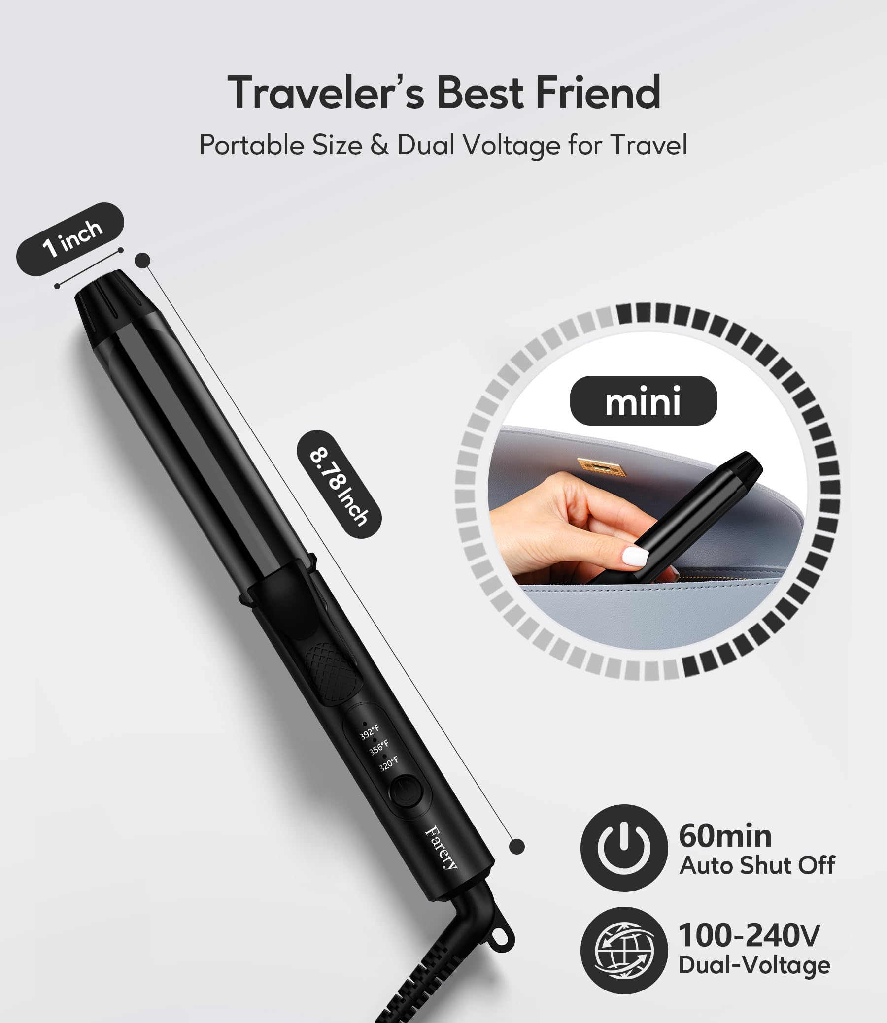 FARERY mini hair curler displayed with its heat resistant travel storage bag