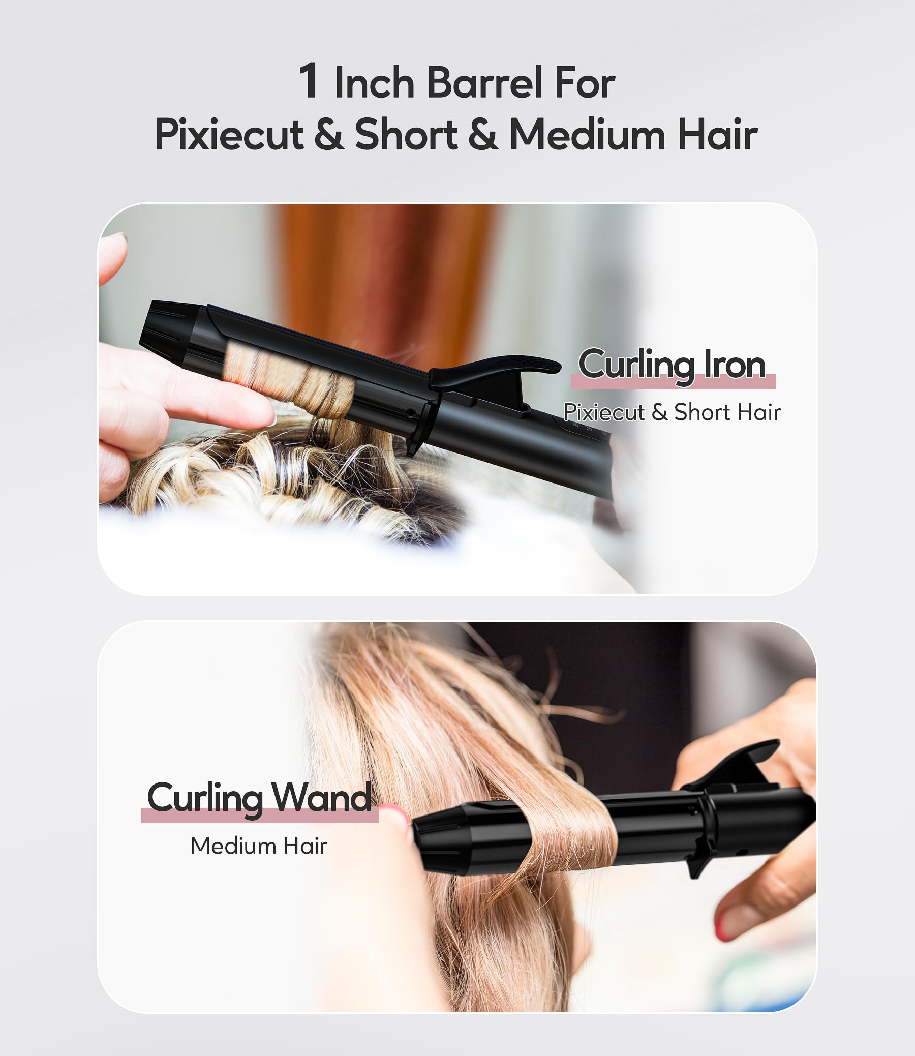 Compact dual voltage curling iron highlighting the three adjustable temperature buttons