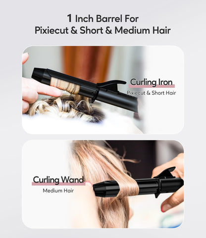 Compact dual voltage curling iron highlighting the three adjustable temperature buttons