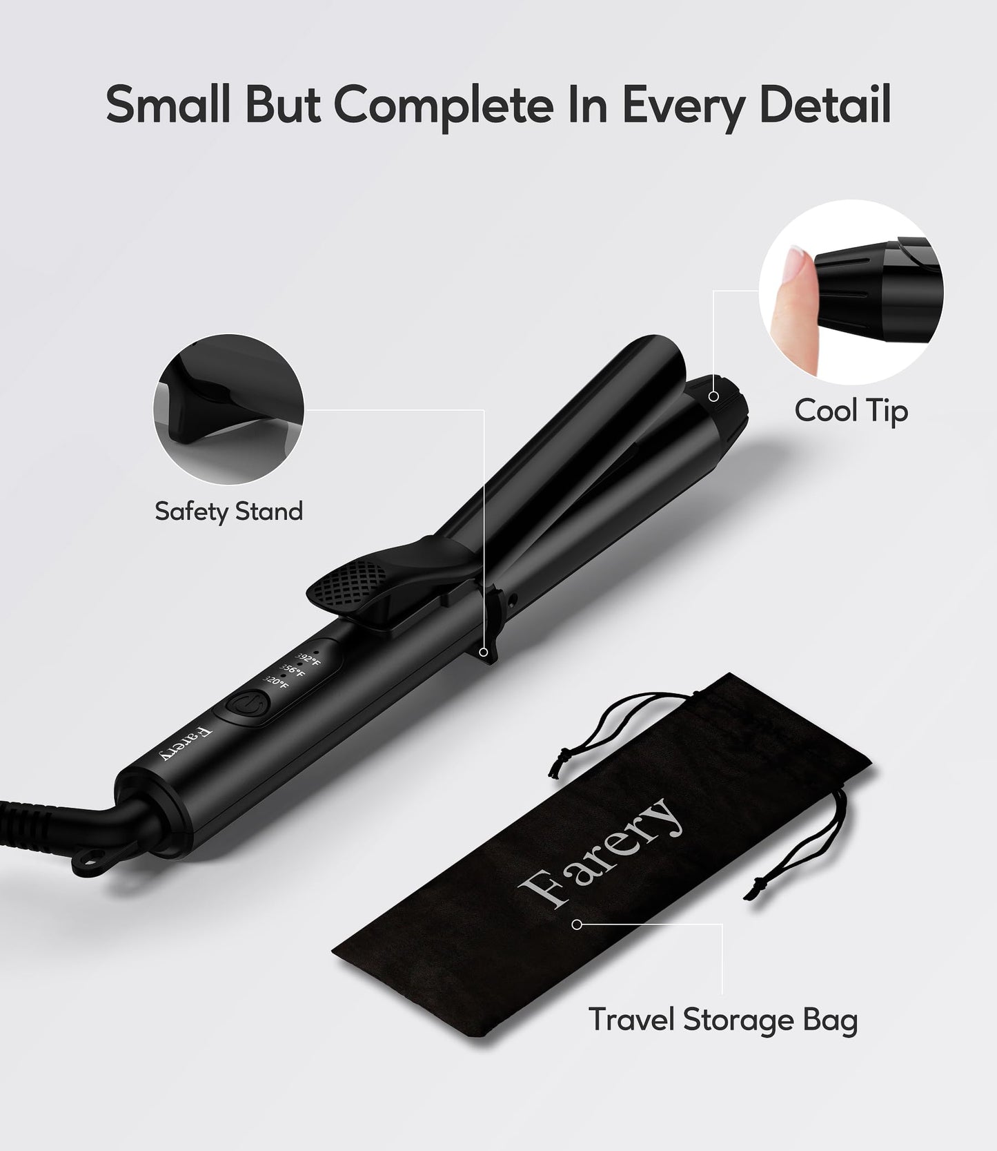 FARERY styling wand demonstrating safe usage with the extended cool tip feature