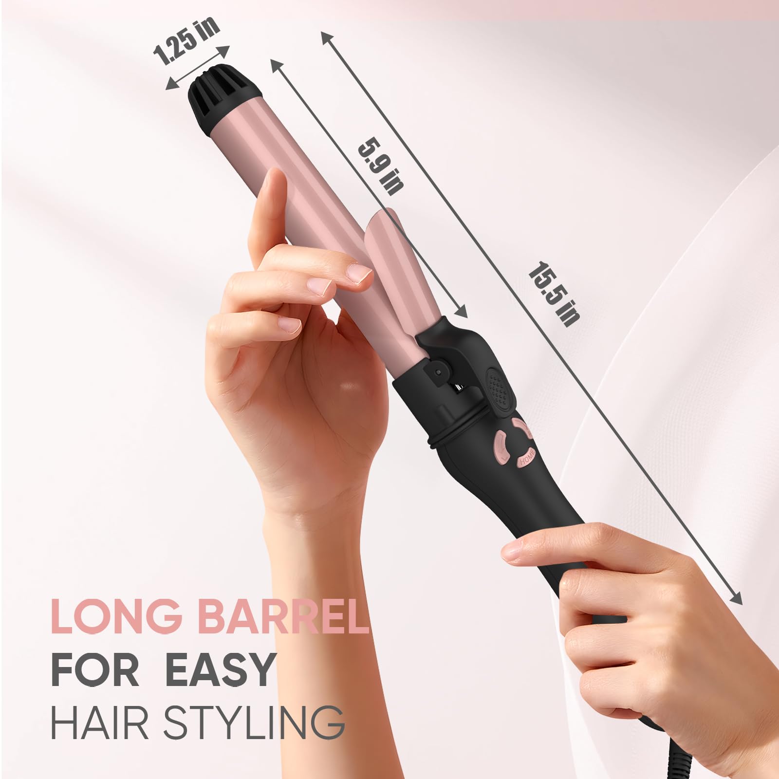 Lanvier automatic curling wand showing directional rotation buttons on handle