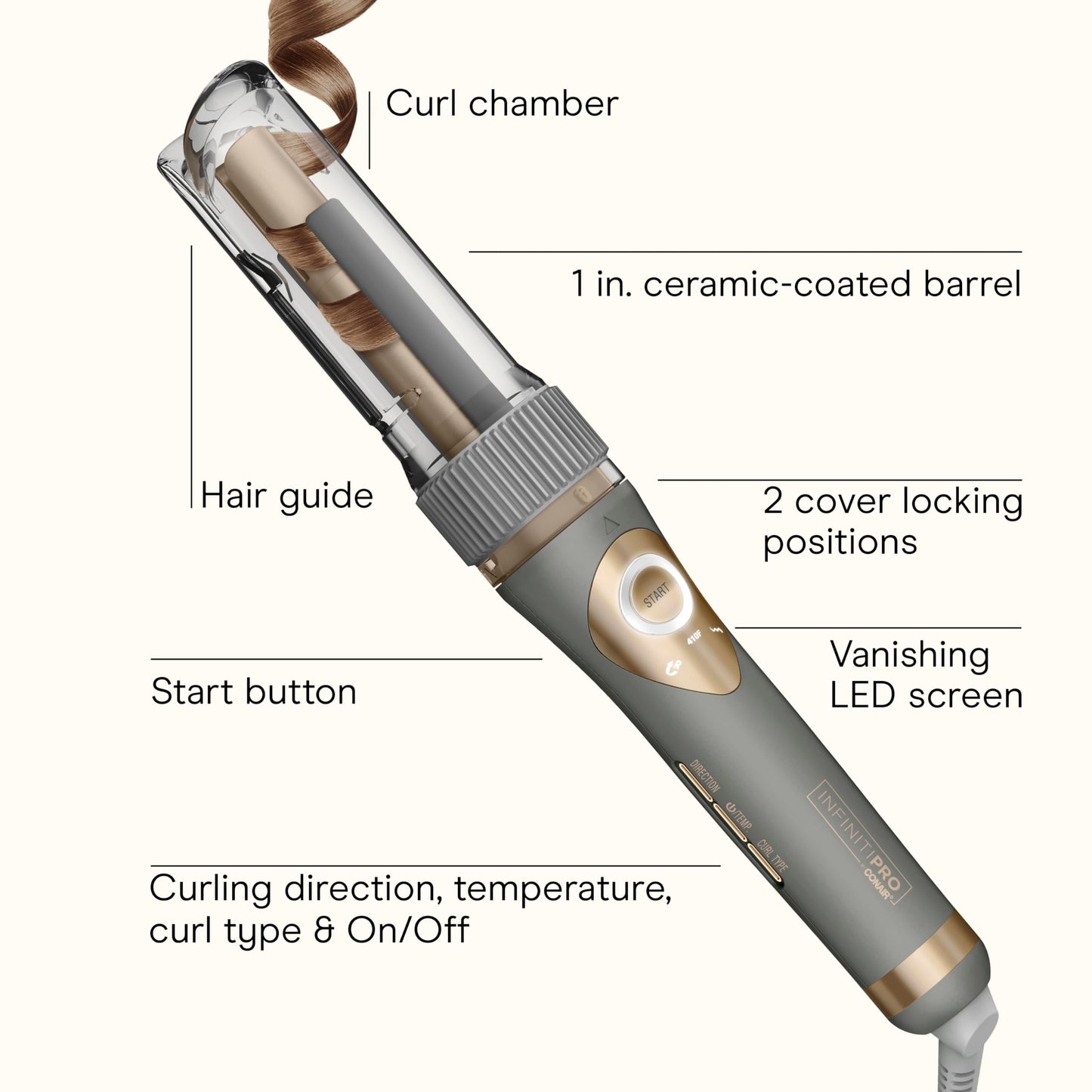 Conair InfinitiPRO automatic curling iron showing the three quarter inch ceramic curl chamber