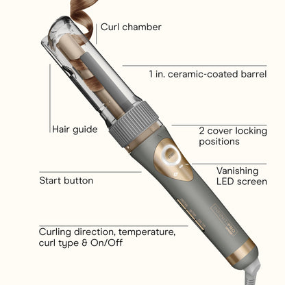 Conair InfinitiPRO automatic curling iron showing the three quarter inch ceramic curl chamber