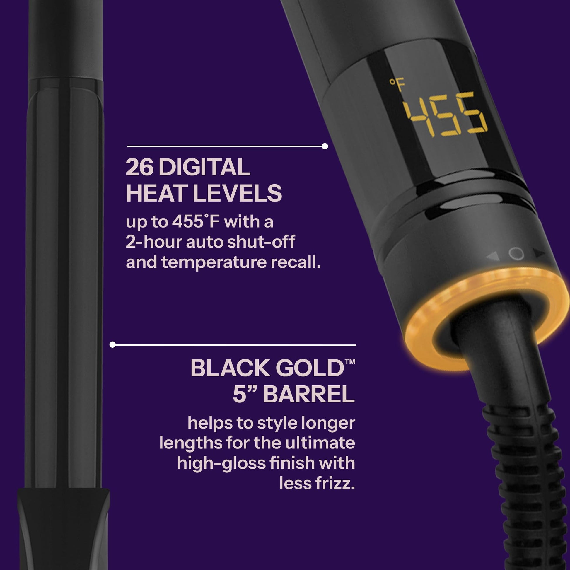 Hot Tools Black Gold curling iron highlighting the 1-1/4 inch barrel designed for medium loose curls and tousled waves.