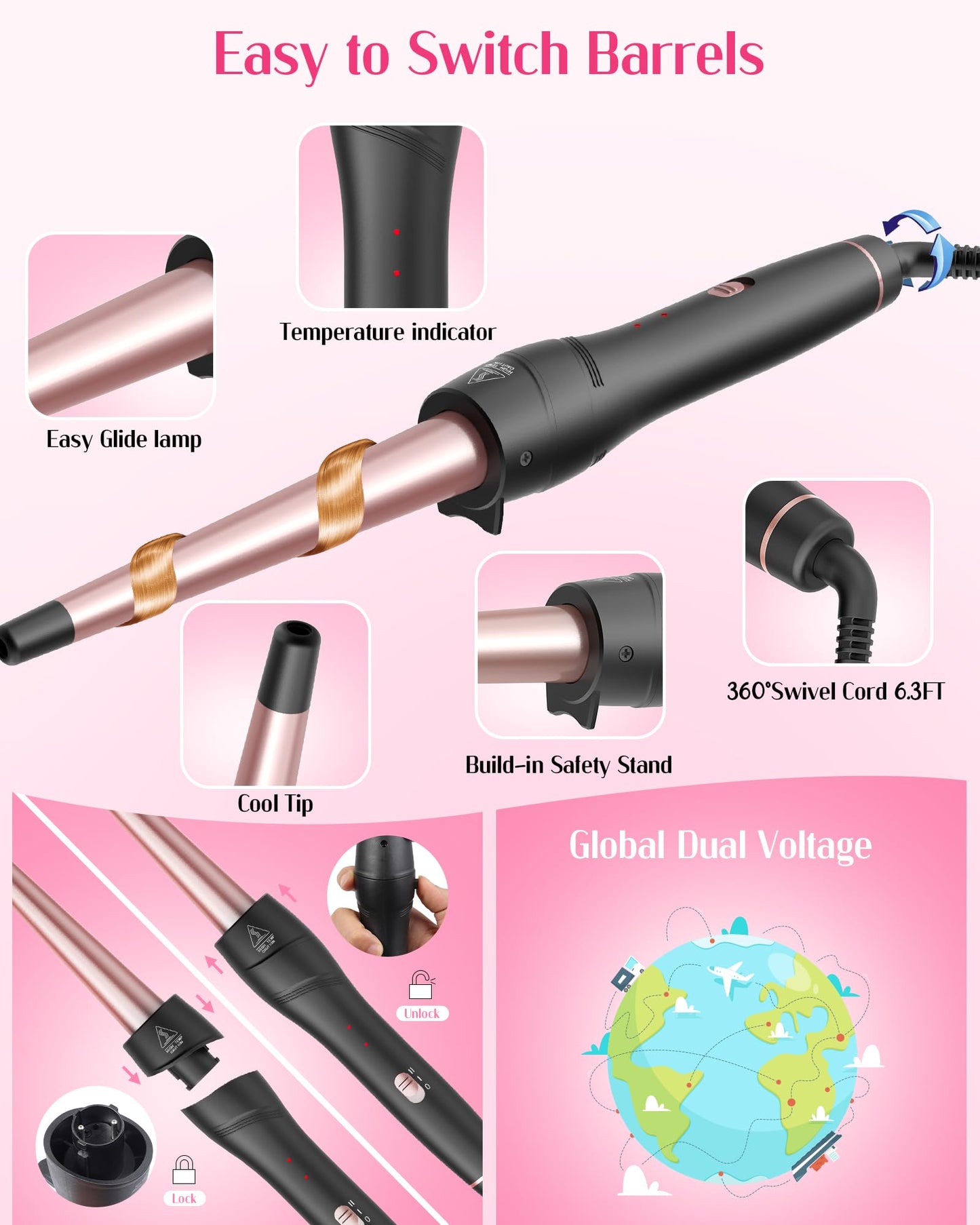Aniekin thermal styling brush and wand close up detailing the tourmaline glaze