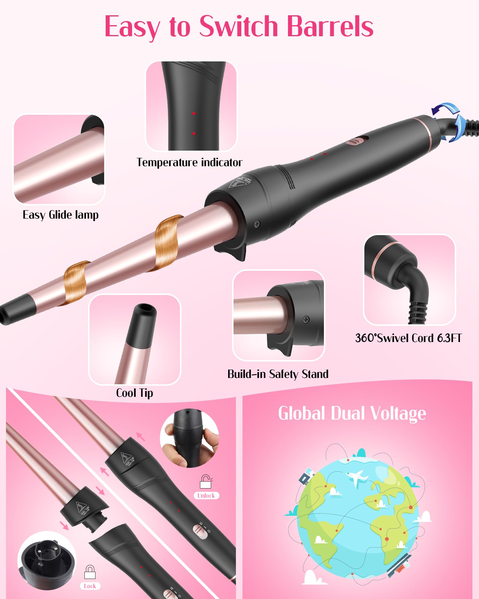 Aniekin thermal styling brush and wand close up detailing the tourmaline glaze