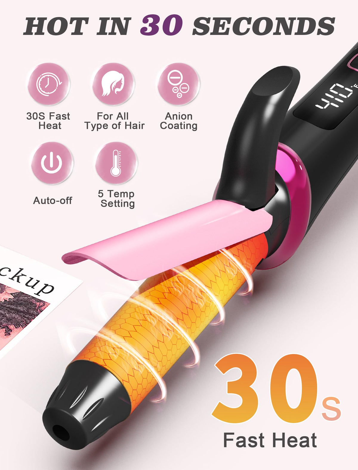 Rose powder pink portable mini curler for women showcasing five digital temperature control button settings