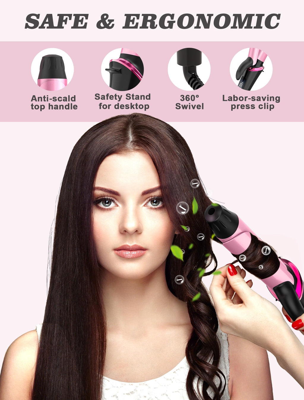 Close up view of the ceramic barrel on the Casavok mini travel curler displaying the ergonomic non slip grip