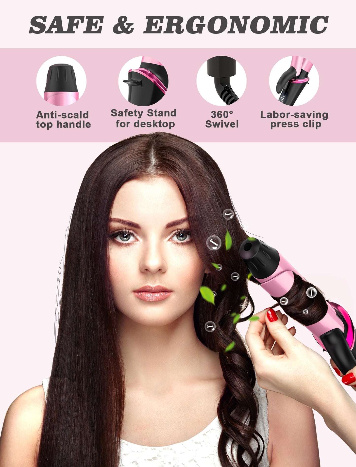 Close up view of the ceramic barrel on the Casavok mini travel curler displaying the ergonomic non slip grip