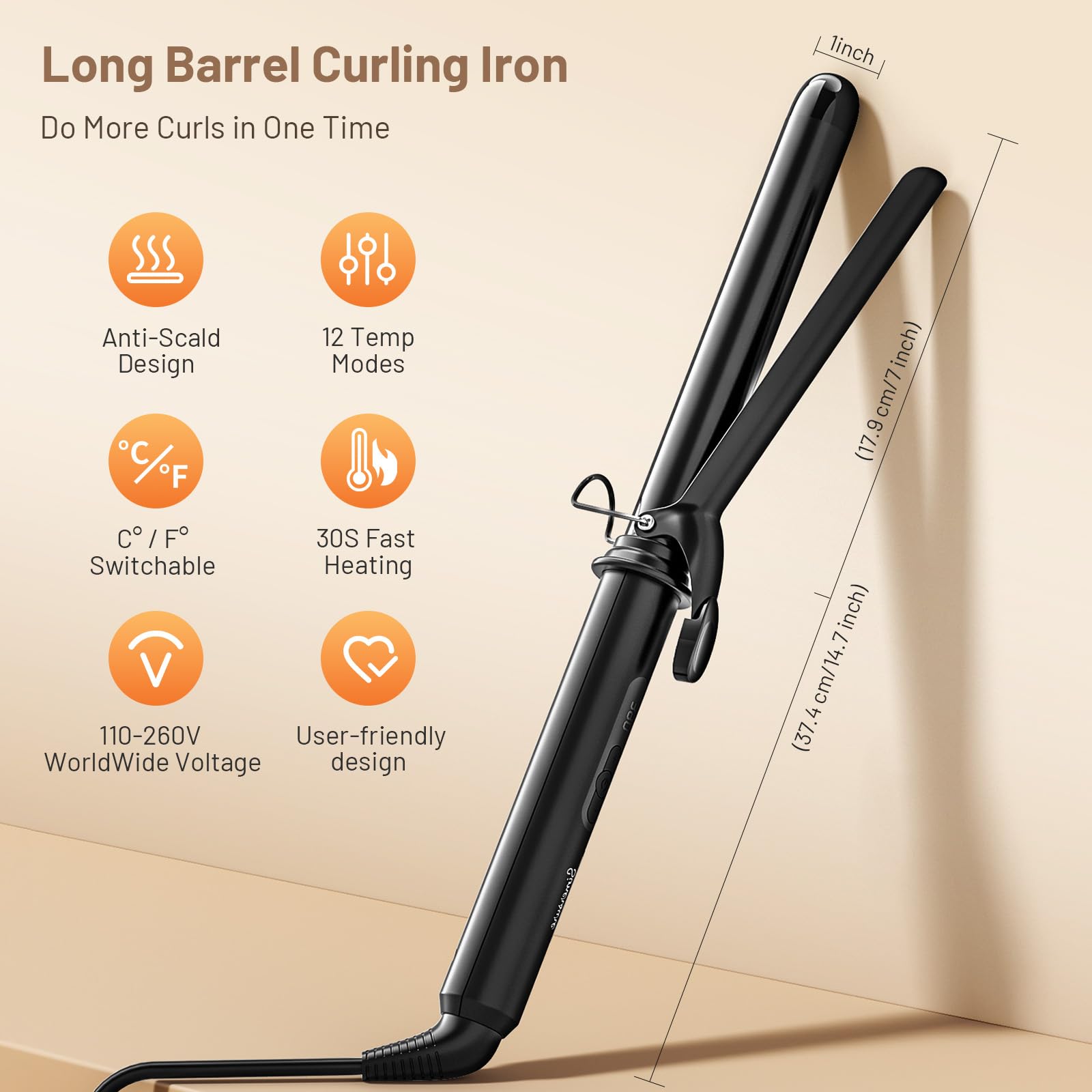 SimerSure professional ceramic hair wand showcasing the extended eighteen point five centimetre barrel