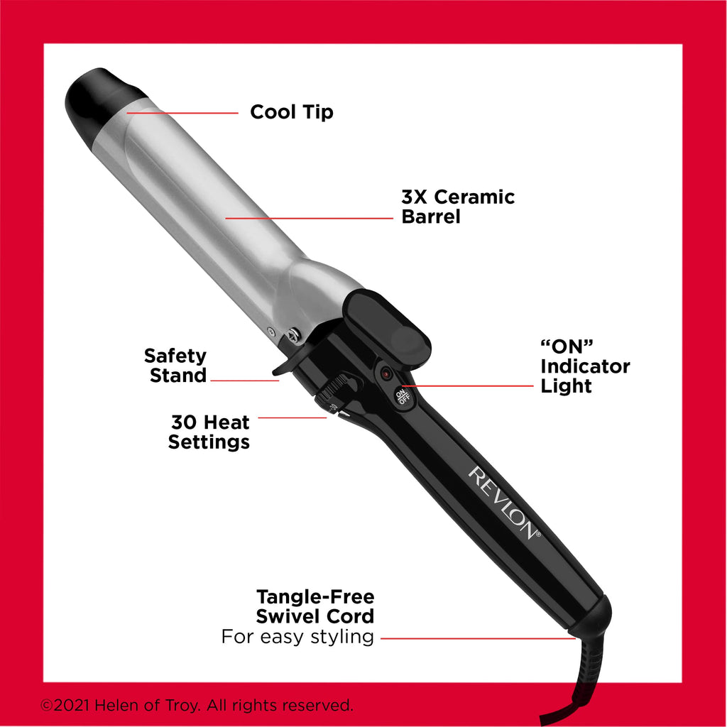 Revlon 1.5 inch hair curler resting safely on its built in counter stand.