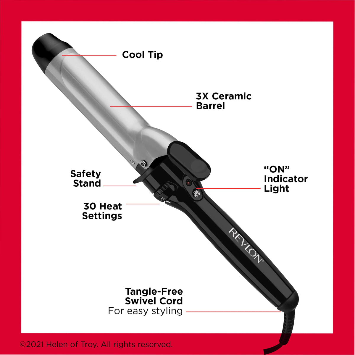 Revlon 1.5 inch hair curler resting safely on its built in counter stand.