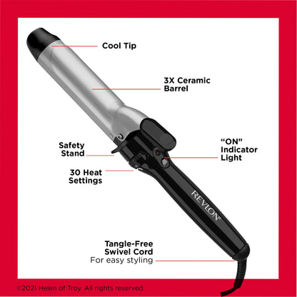 Revlon 1.5 inch hair curler resting safely on its built in counter stand.