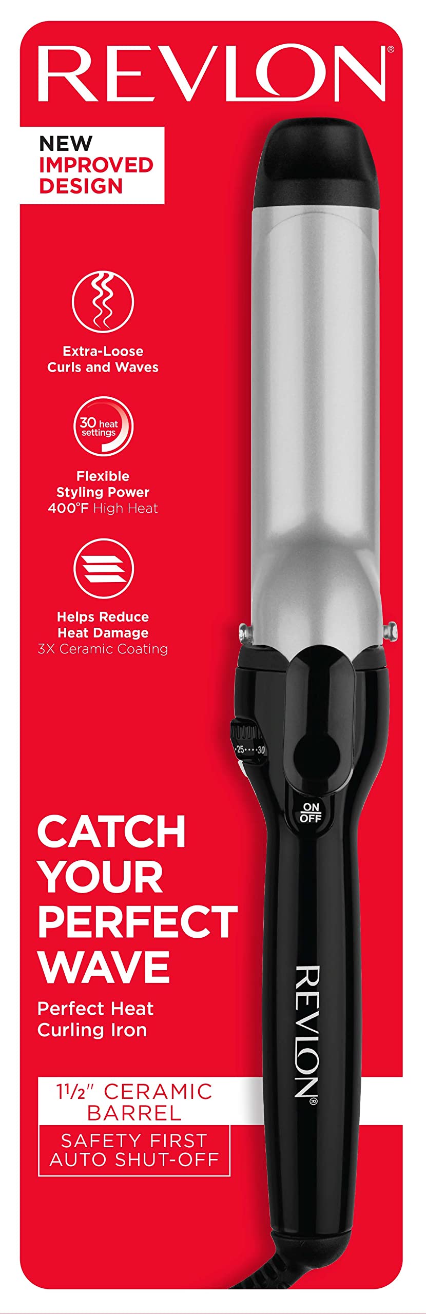 Full packaging view of the imported Revlon perfect heat extra loose waves styling wand.