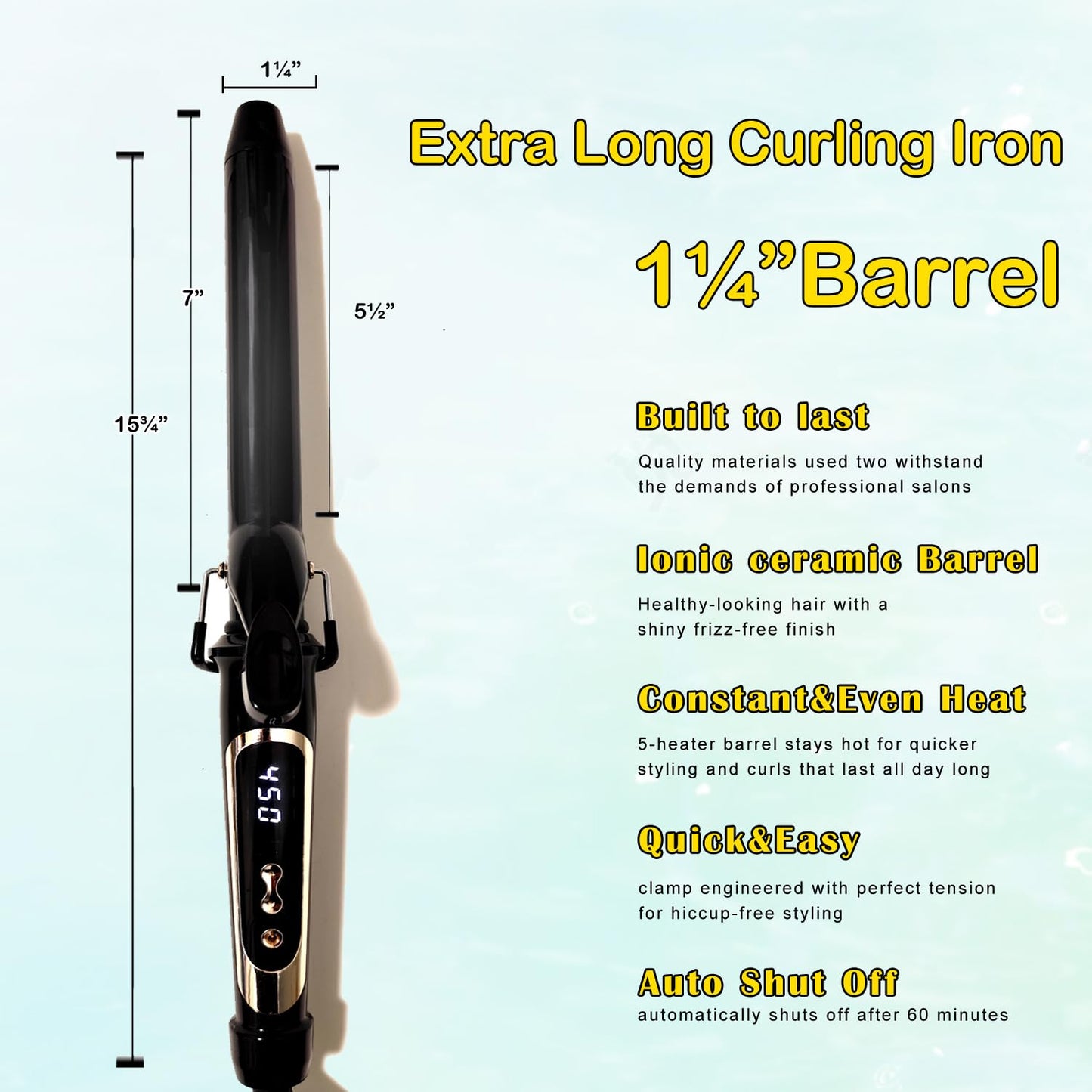 Tourmaline ceramic curling wand showing digital LCD display settings