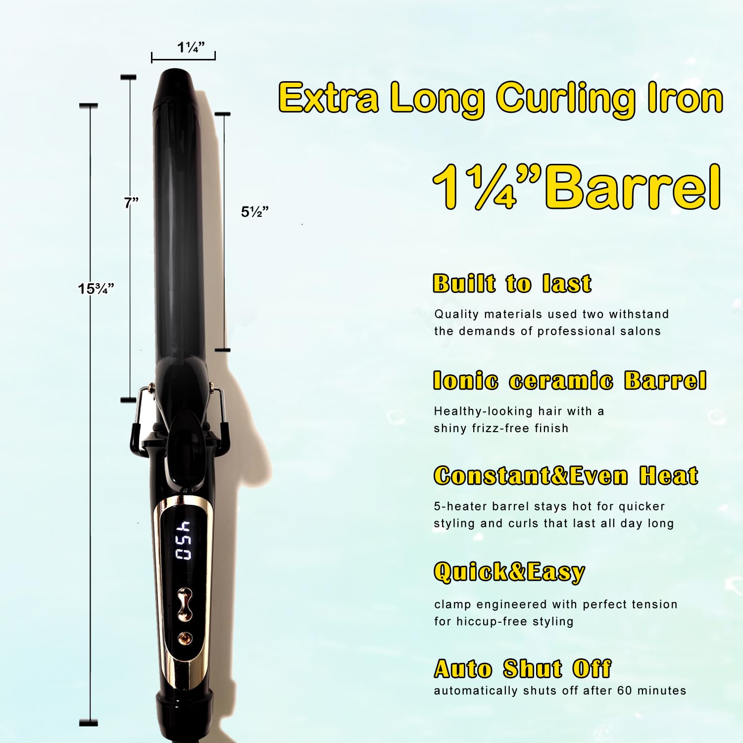 Tourmaline ceramic curling wand showing digital LCD display settings