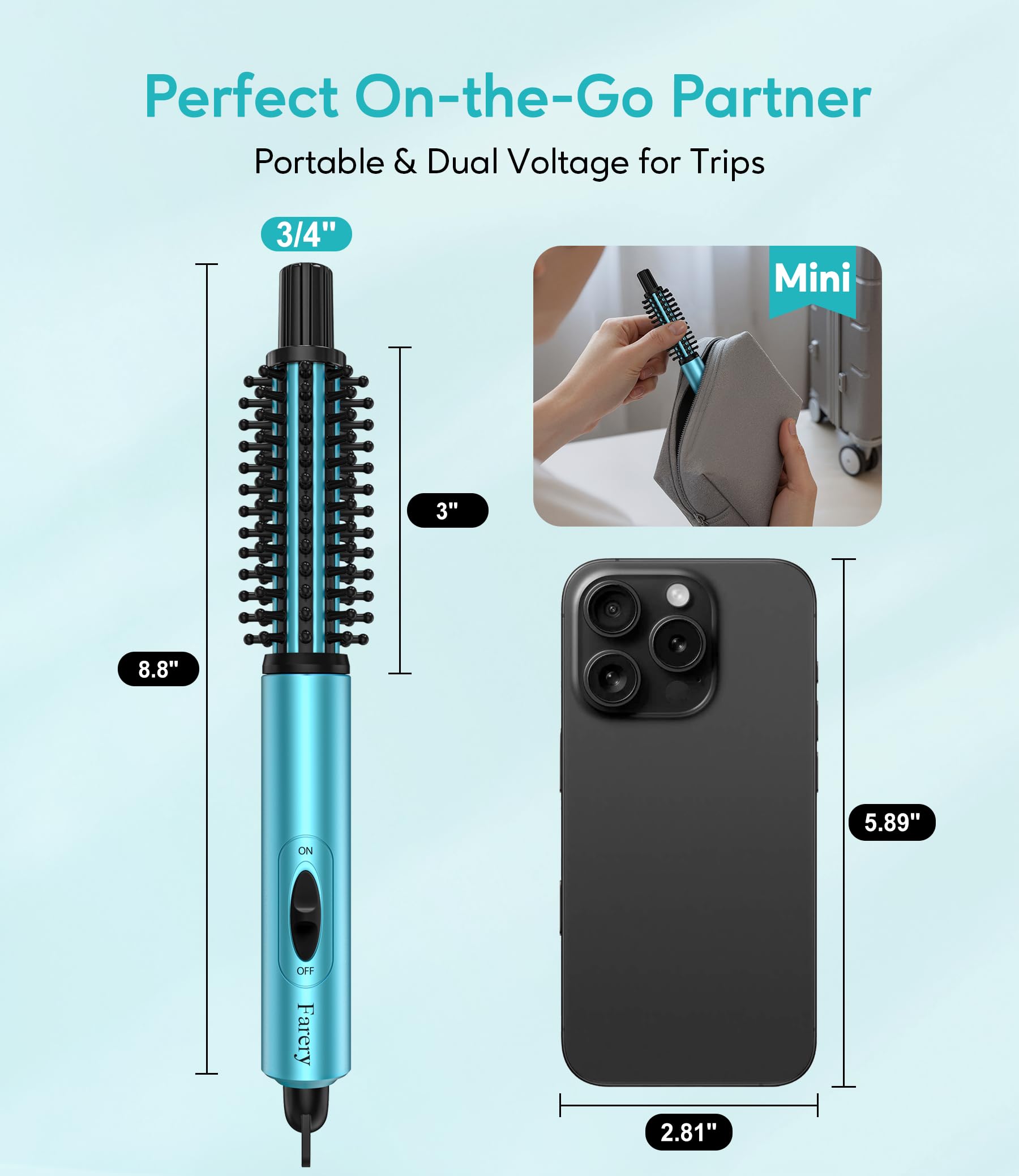 Farery heated round brush travel size styling tool on a solid backdrop