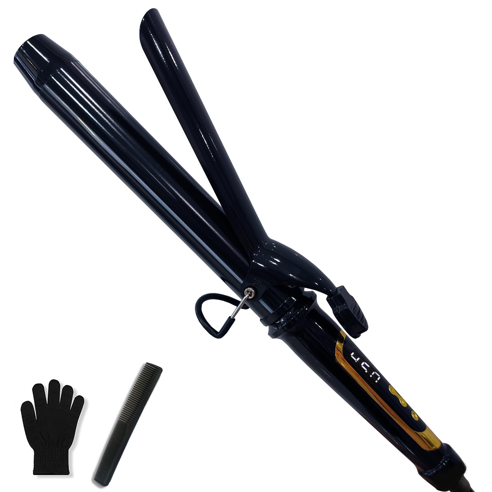 Extra long barrel ceramic hair curler with heat resistant glove packaging