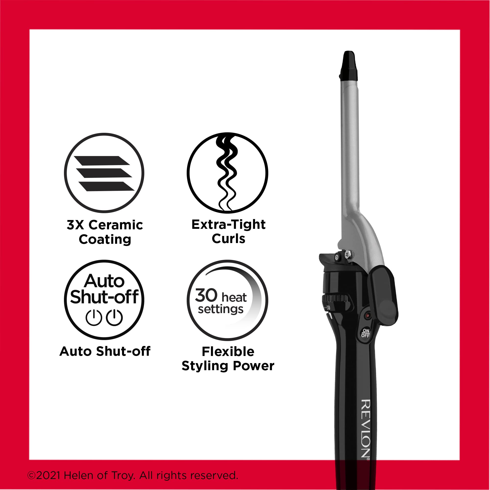 Revlon half inch curling iron showing the protective cool tip and ergonomic handle grip