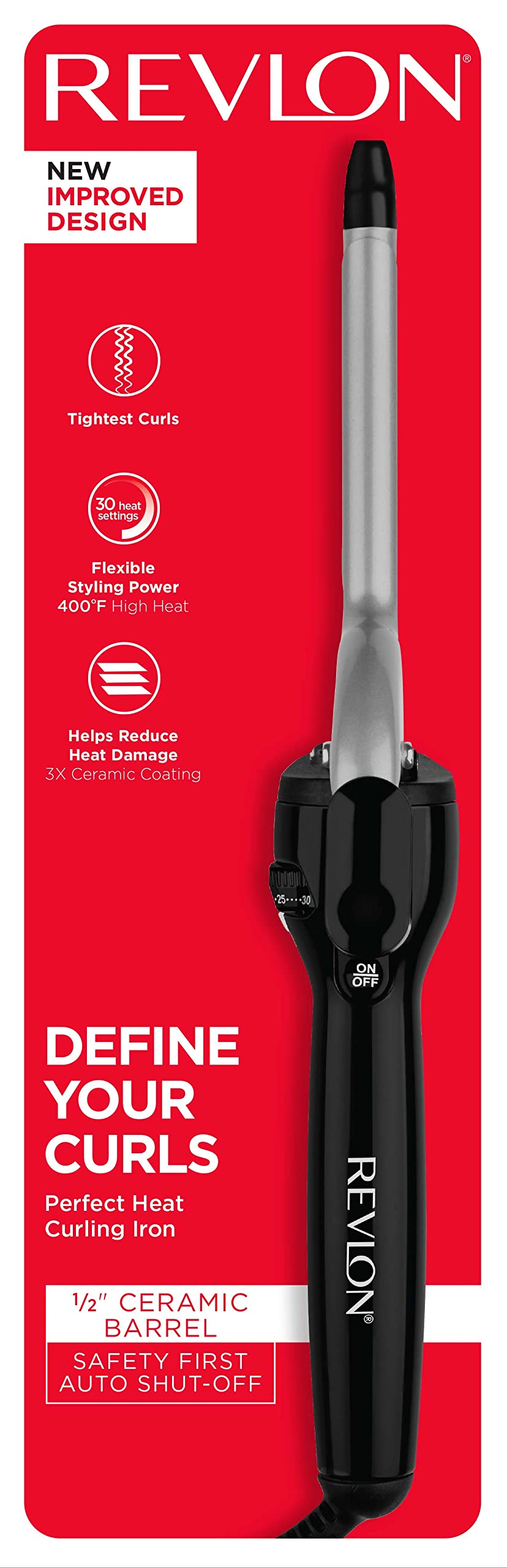 Side view of the black Revlon Perfect Heat curling iron resting on its integrated safety stand