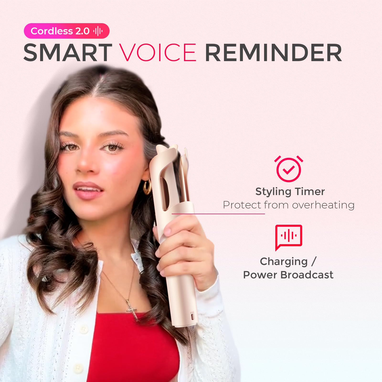 TYMO wireless rotating curling wand showing the one inch ceramic tourmaline barrel