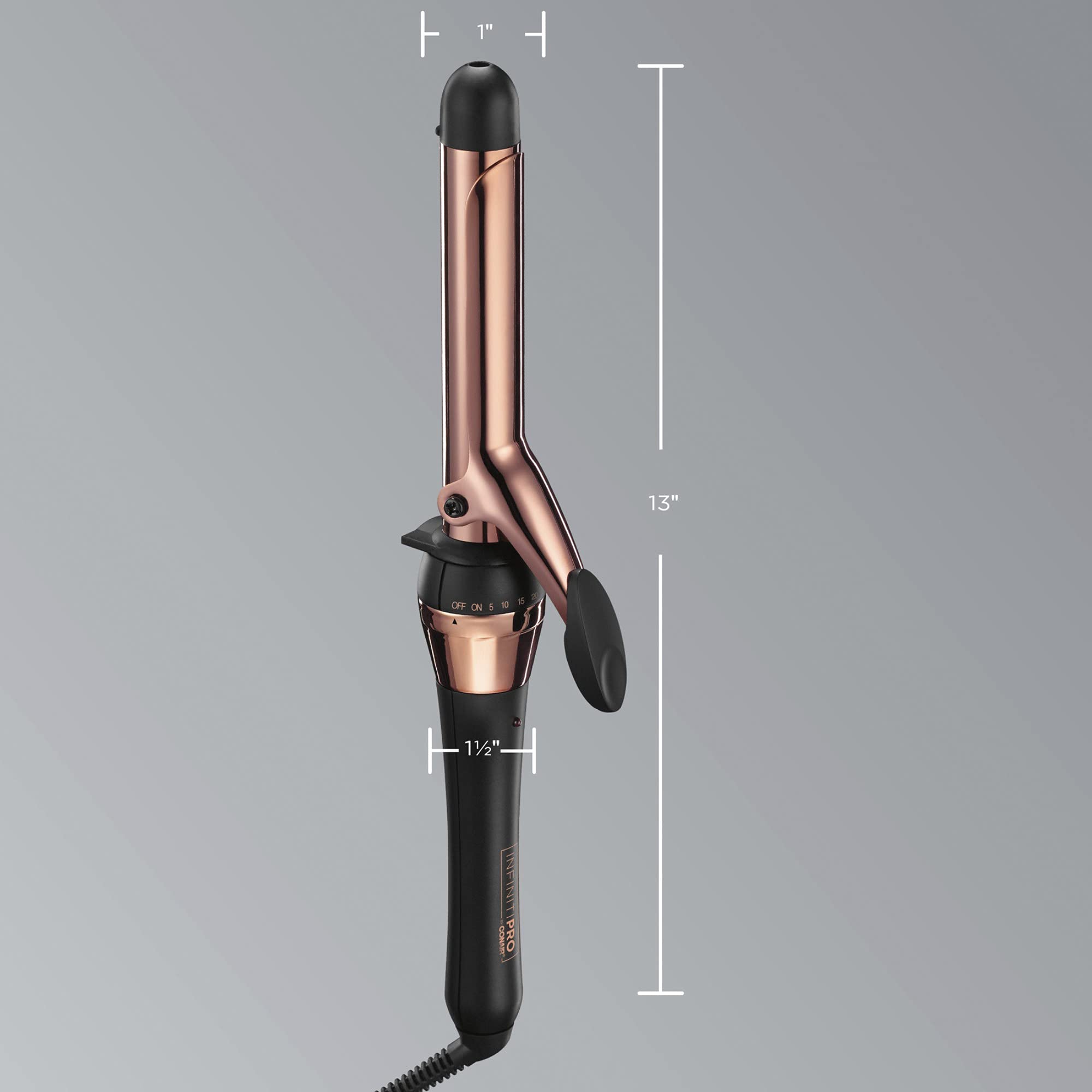 Authentic Conair Rose Gold hair styling wand displaying the clamp mechanism and safety tip