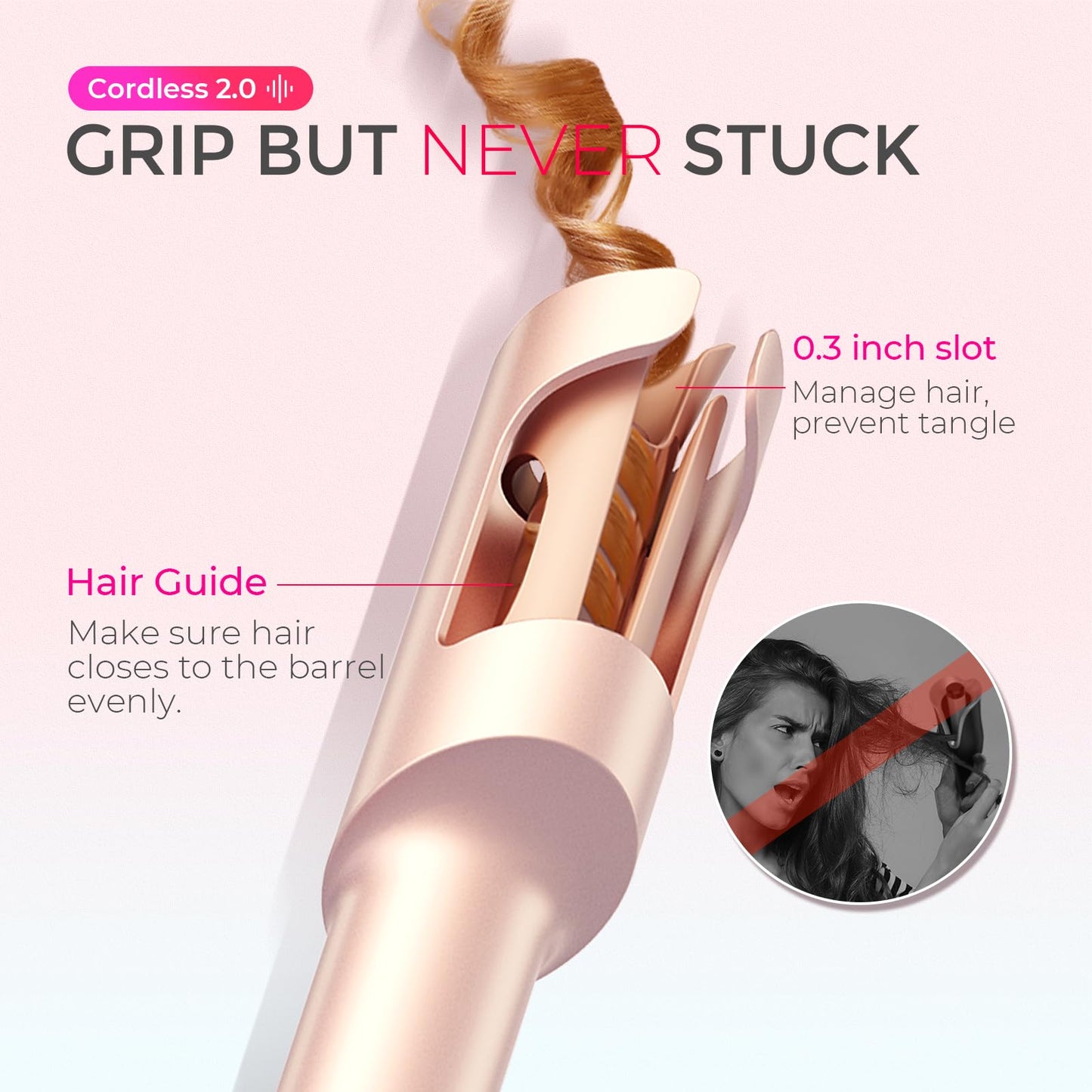 TYMO 2.0 automatic hair curler showing the tangle-free smart motor opening
