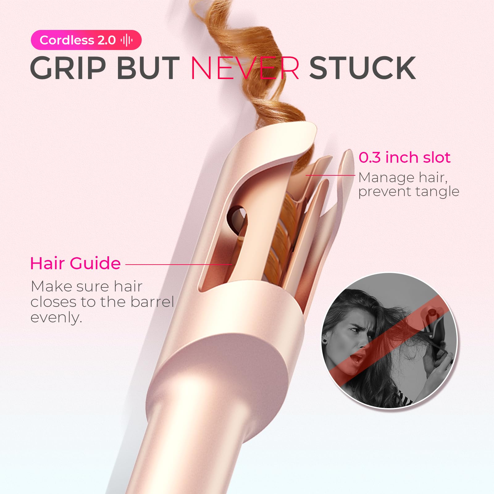 TYMO 2.0 automatic hair curler showing the tangle-free smart motor opening