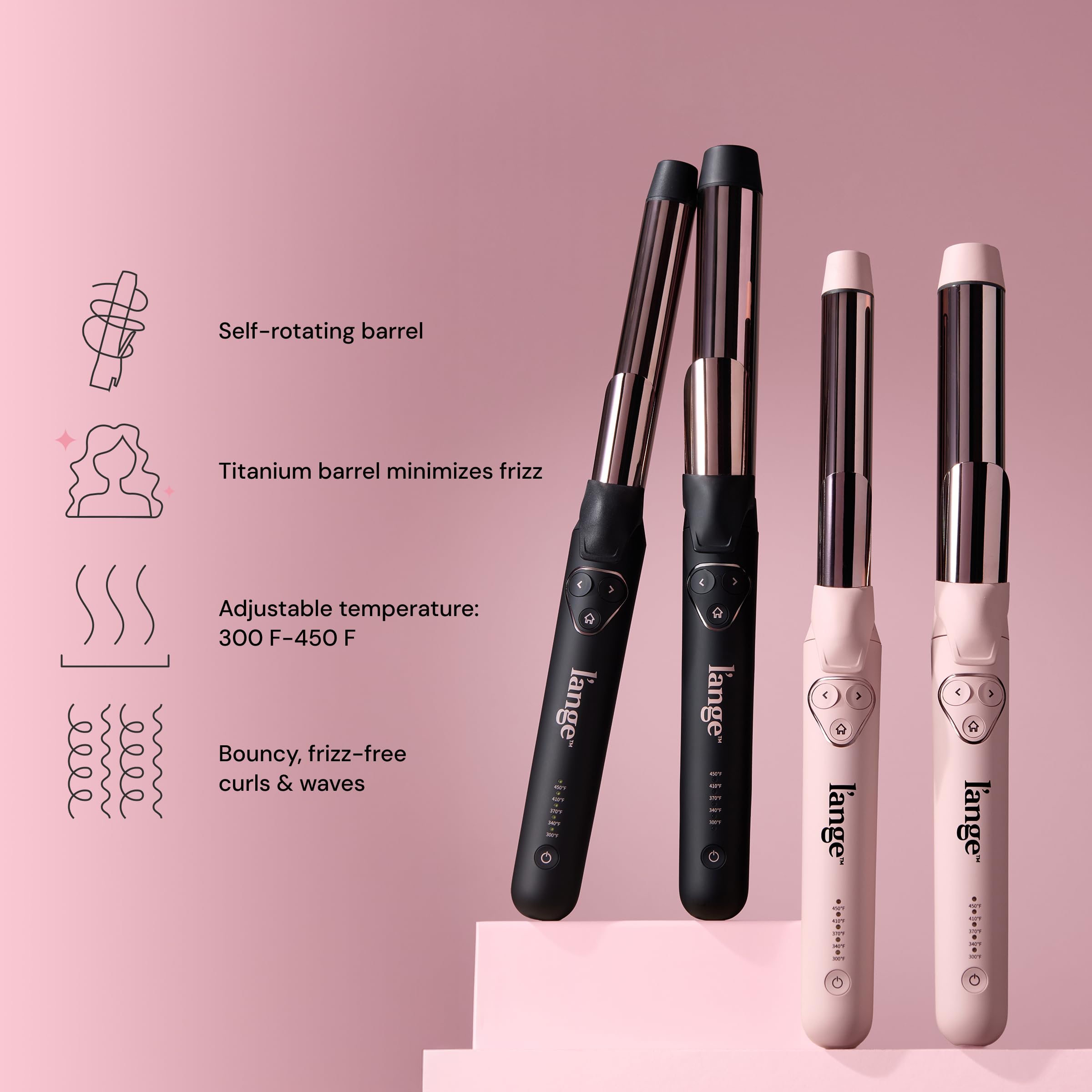 Side profile of the self rotating hair curler showcasing the premium blush pink finish