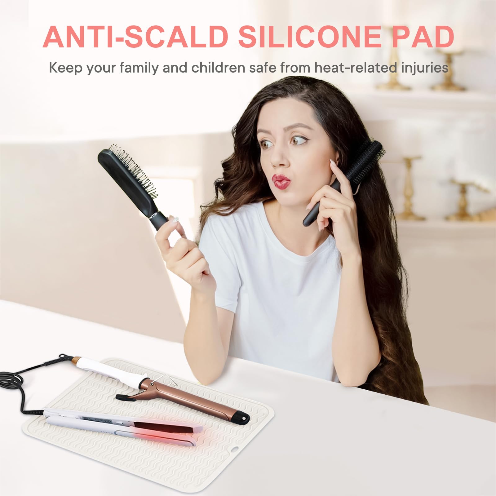 Suafrnut extra large silicone counter mat protecting bathroom vanity from a hot flat iron and curling wand side view