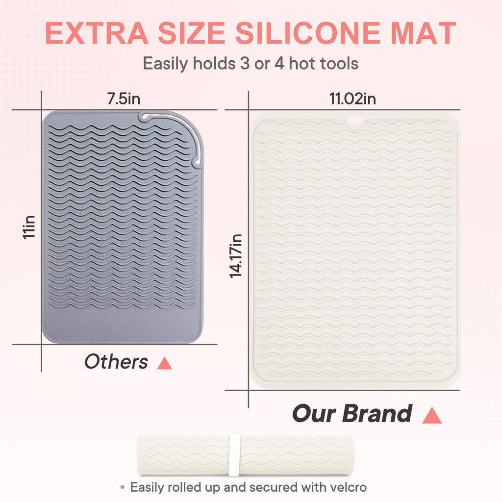 Suafrnut white silicone styling mat rolled up tightly with velcro strap demonstrating portable travel pouch functionality