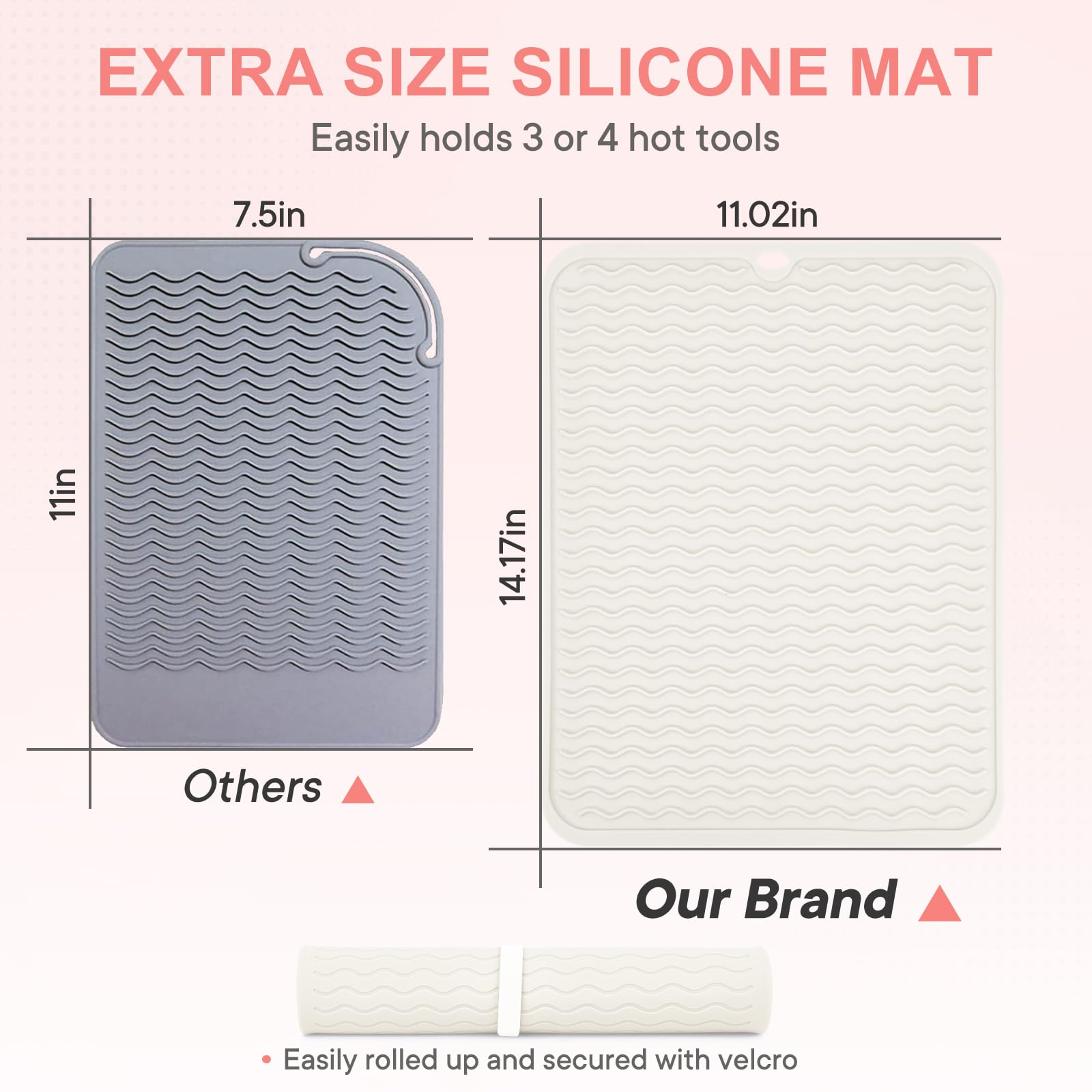 Suafrnut white silicone styling mat rolled up tightly with velcro strap demonstrating portable travel pouch functionality