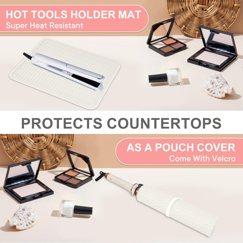 Suafrnut silicone mat being wrapped around a warm hair straightener tool to show safe immediate packing capability