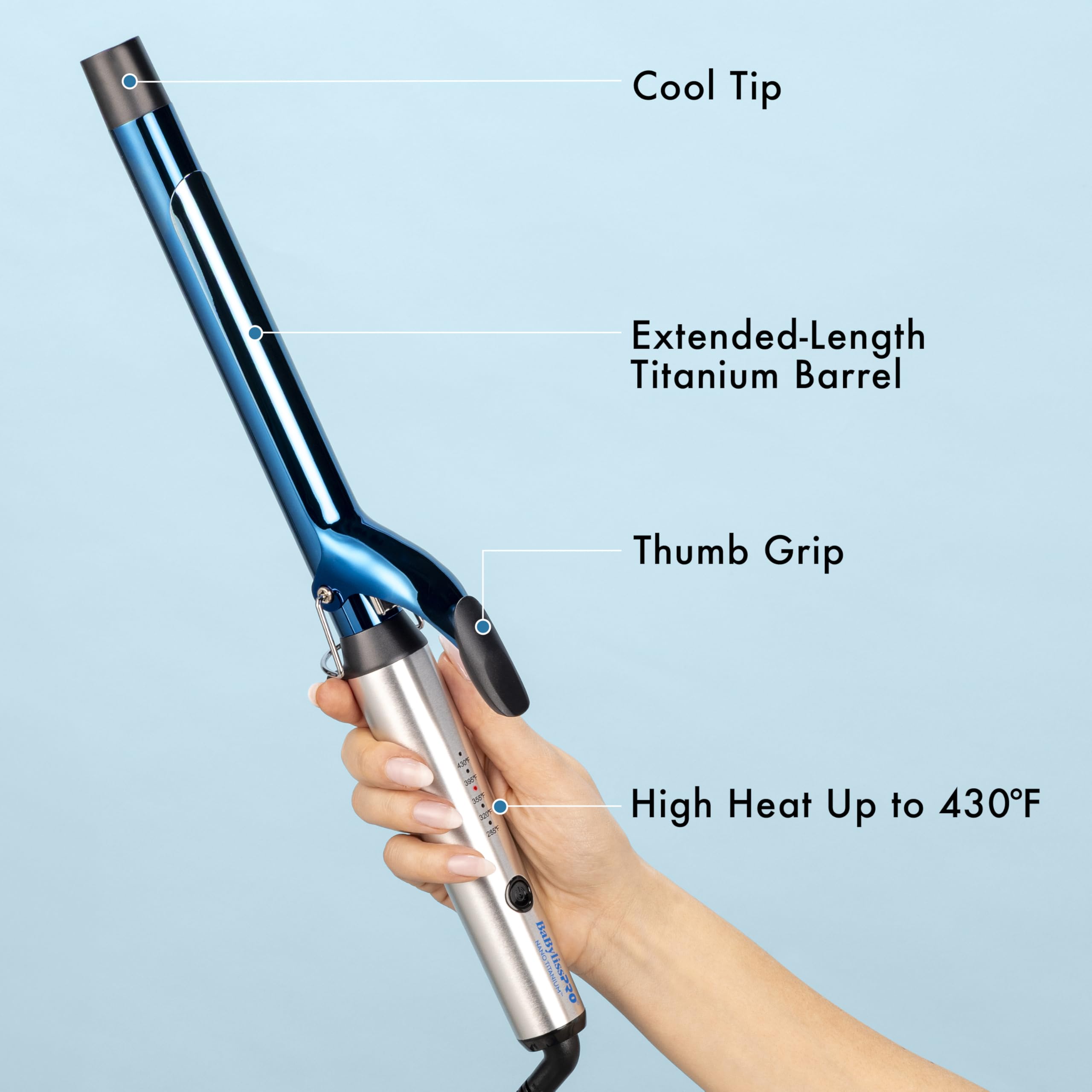 BaBylissPRO BNTW100XLUC extended barrel styling tool side angle presentation