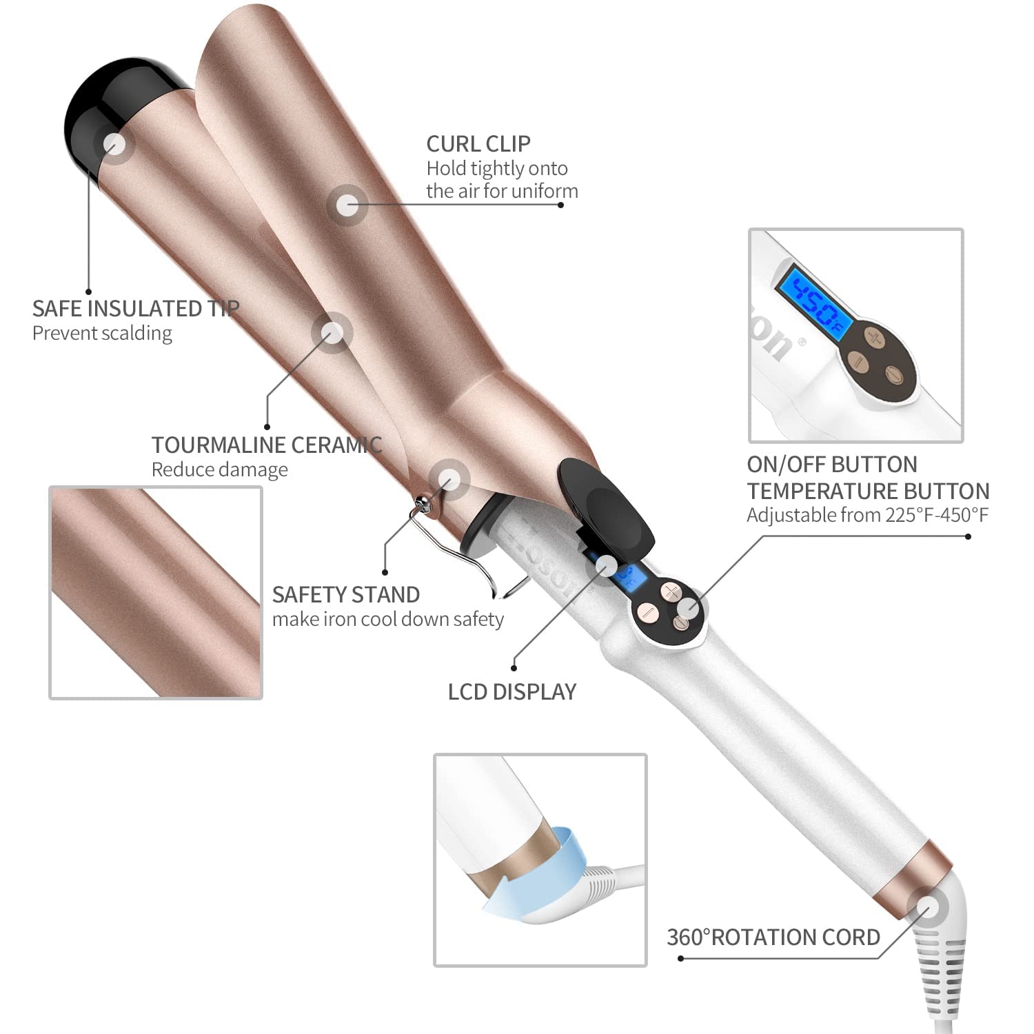 Hoson two inch wide hair curling iron barrel designed for long hair styling