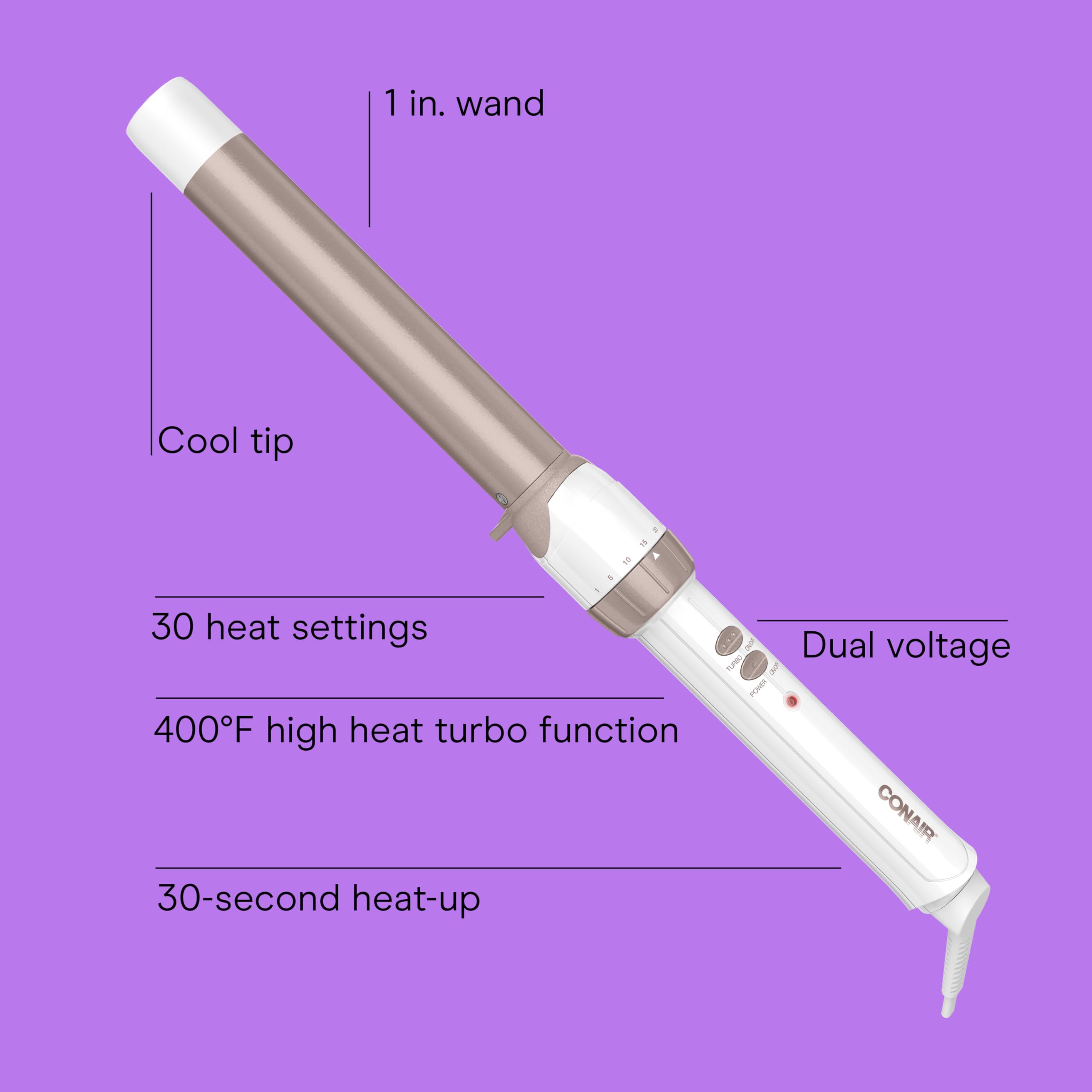 Conair clamp free hair wand showcasing the thirty heat setting control dial