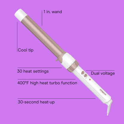 Conair clamp free hair wand showcasing the thirty heat setting control dial