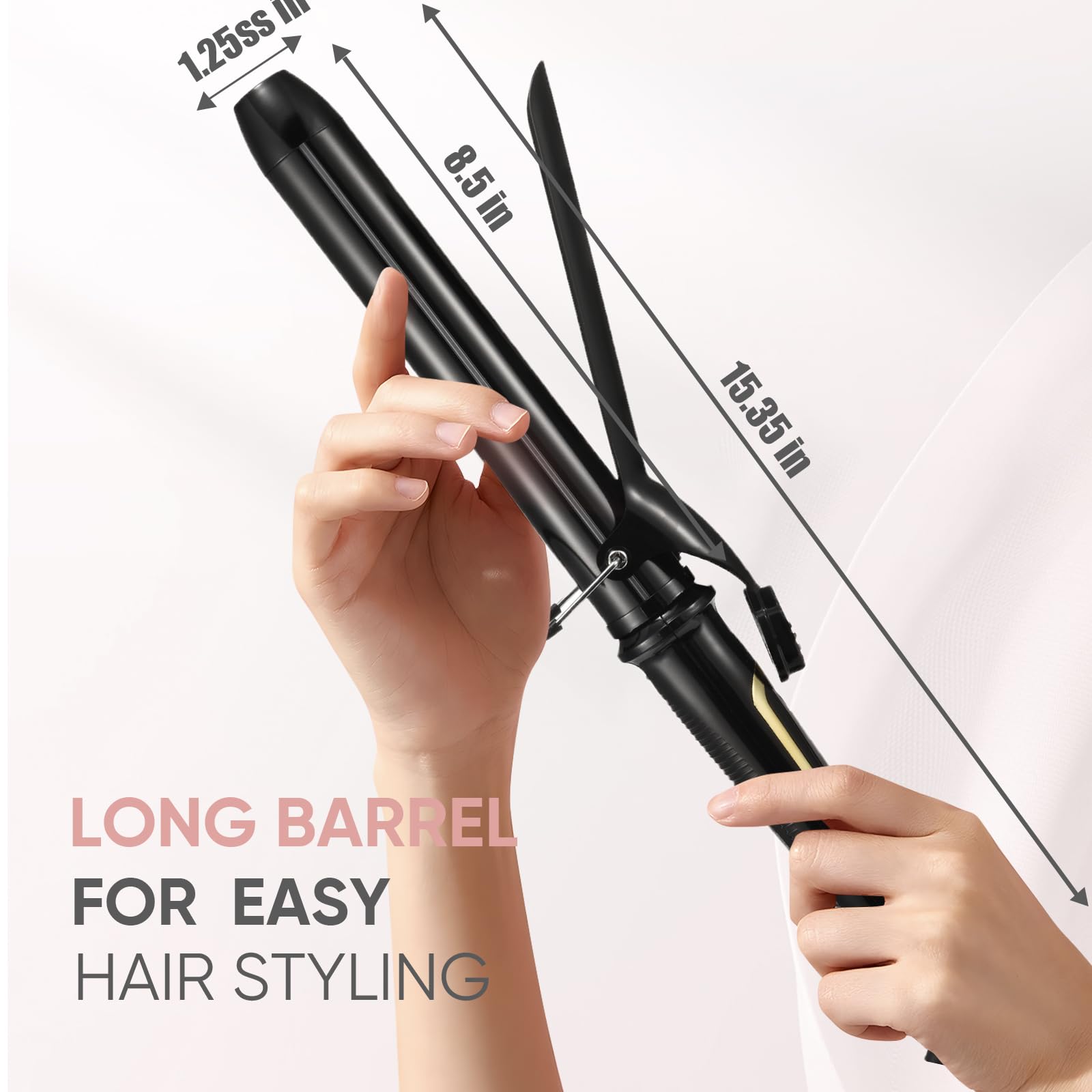 LANVIER long hair curling wand showcasing the three hundred and sixty degree swivel power cord connection.