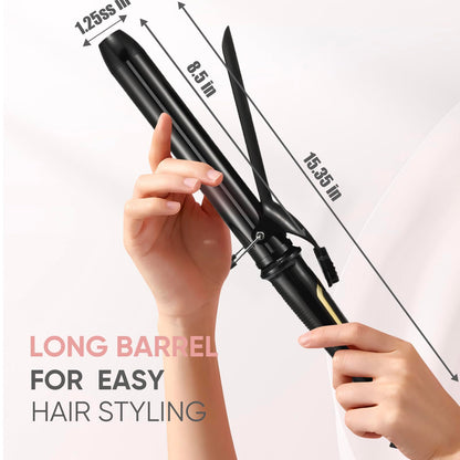 LANVIER long hair curling wand showcasing the three hundred and sixty degree swivel power cord connection.