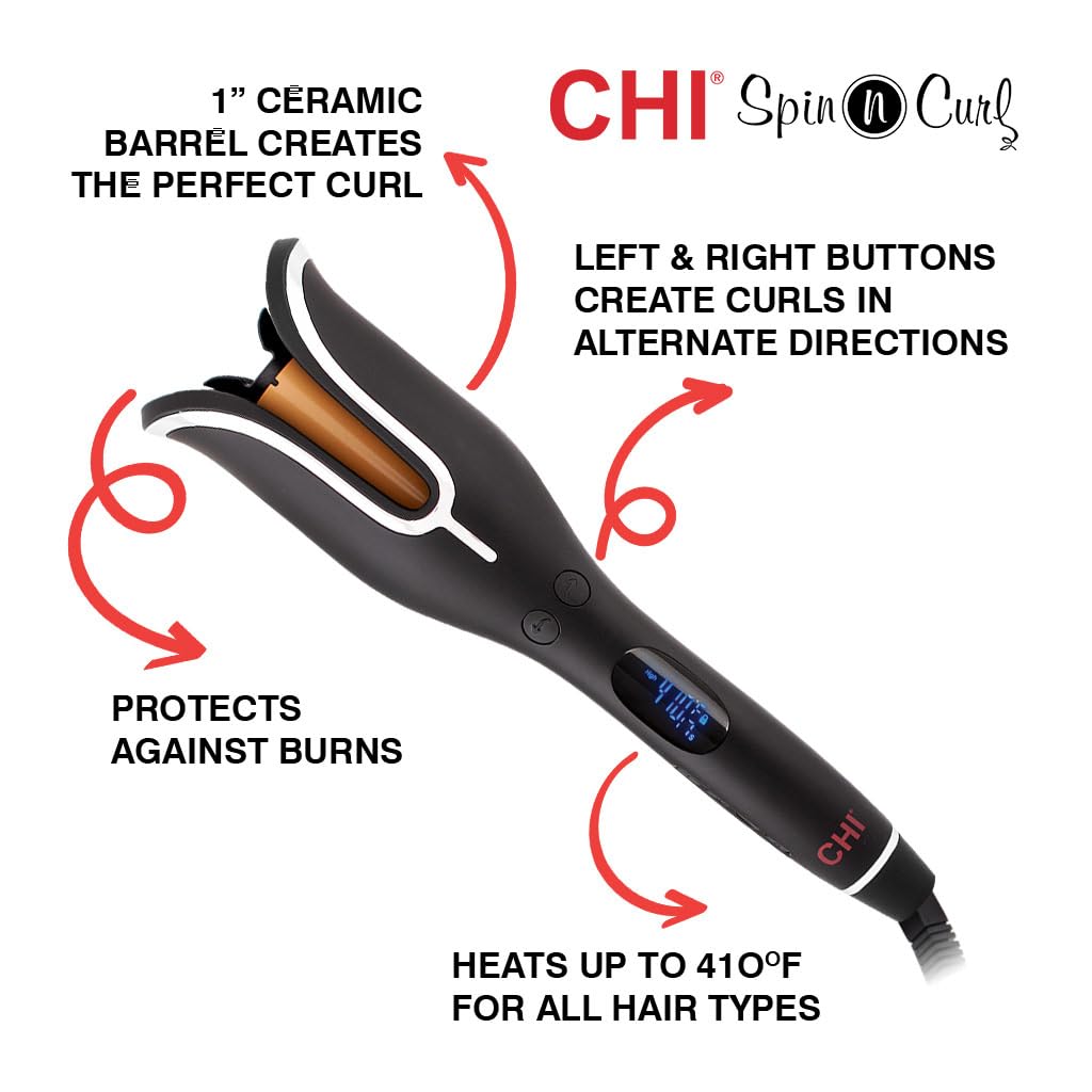 CHI automatic rotating curling iron digital display panel showing preset temperature settings