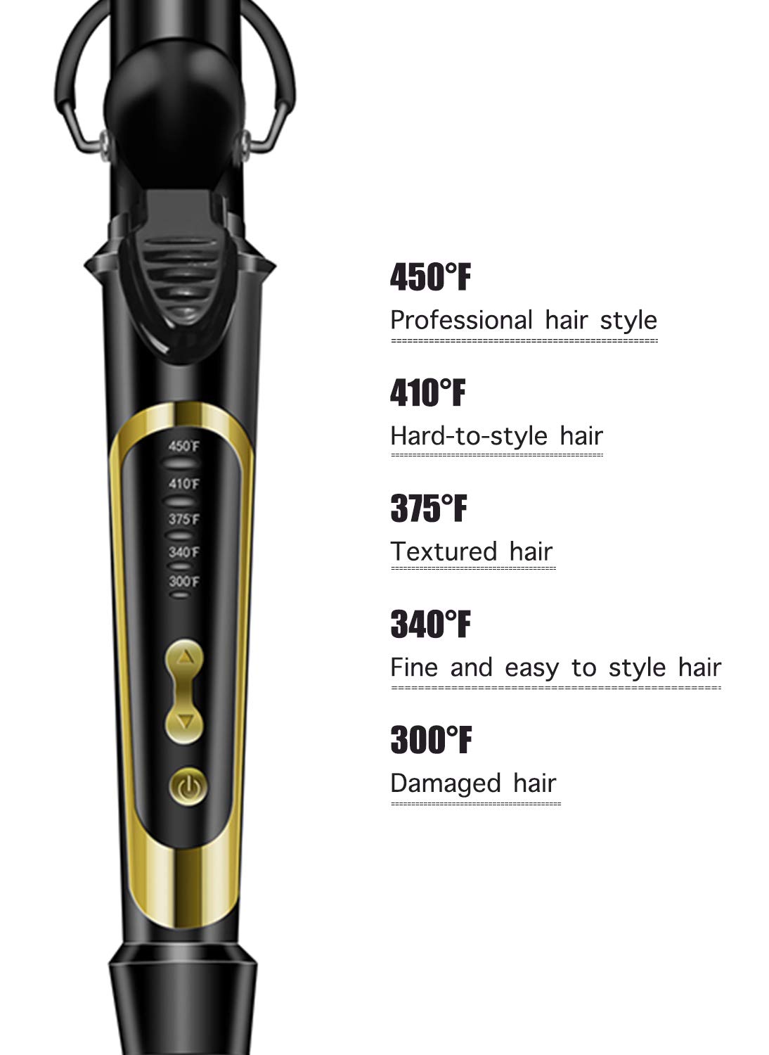 LANVIER ceramic tourmaline styling iron showcasing the heat resistant cool tip for safe handling.