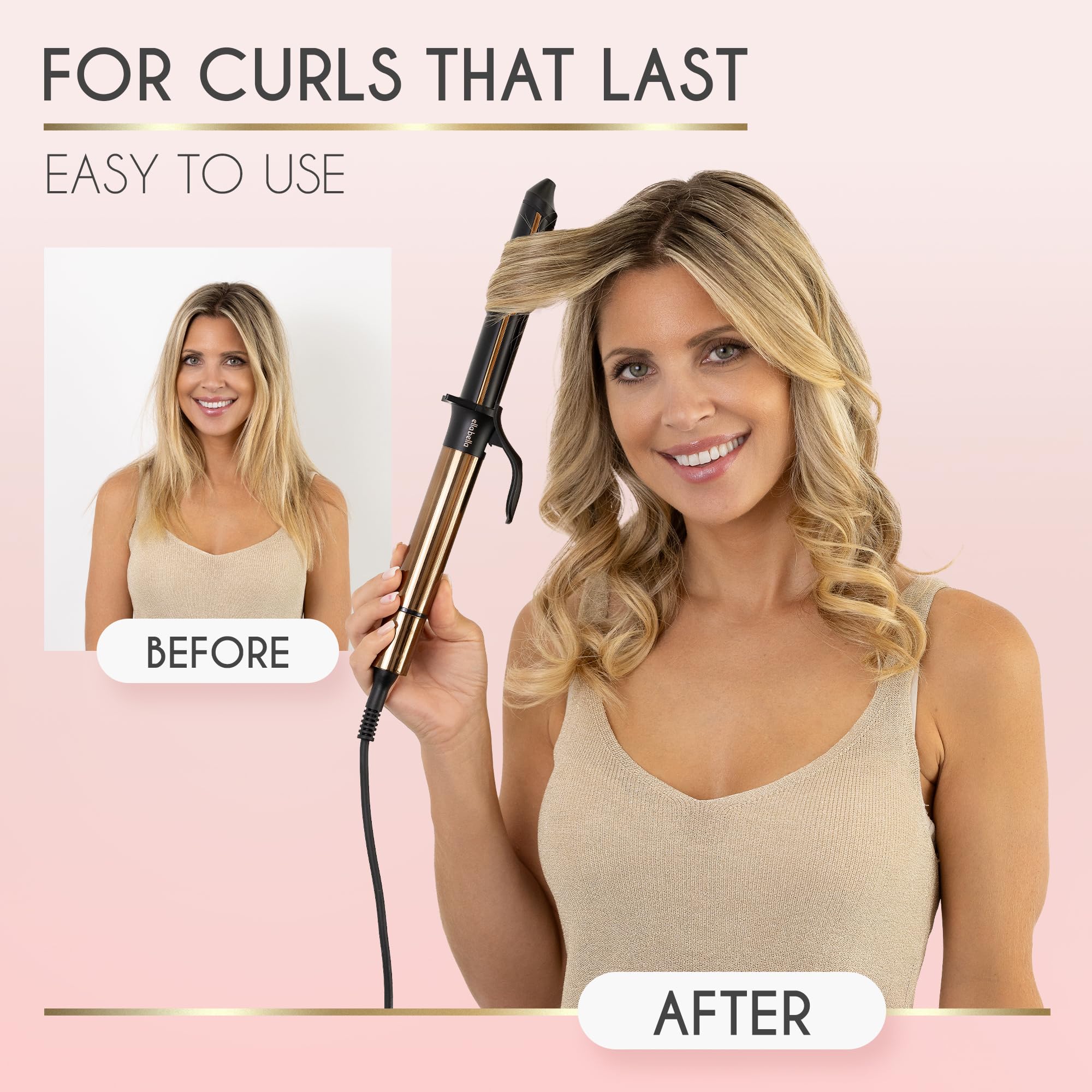 Premium gold ceramic barrel of the ELLA BELLA curling wand close up