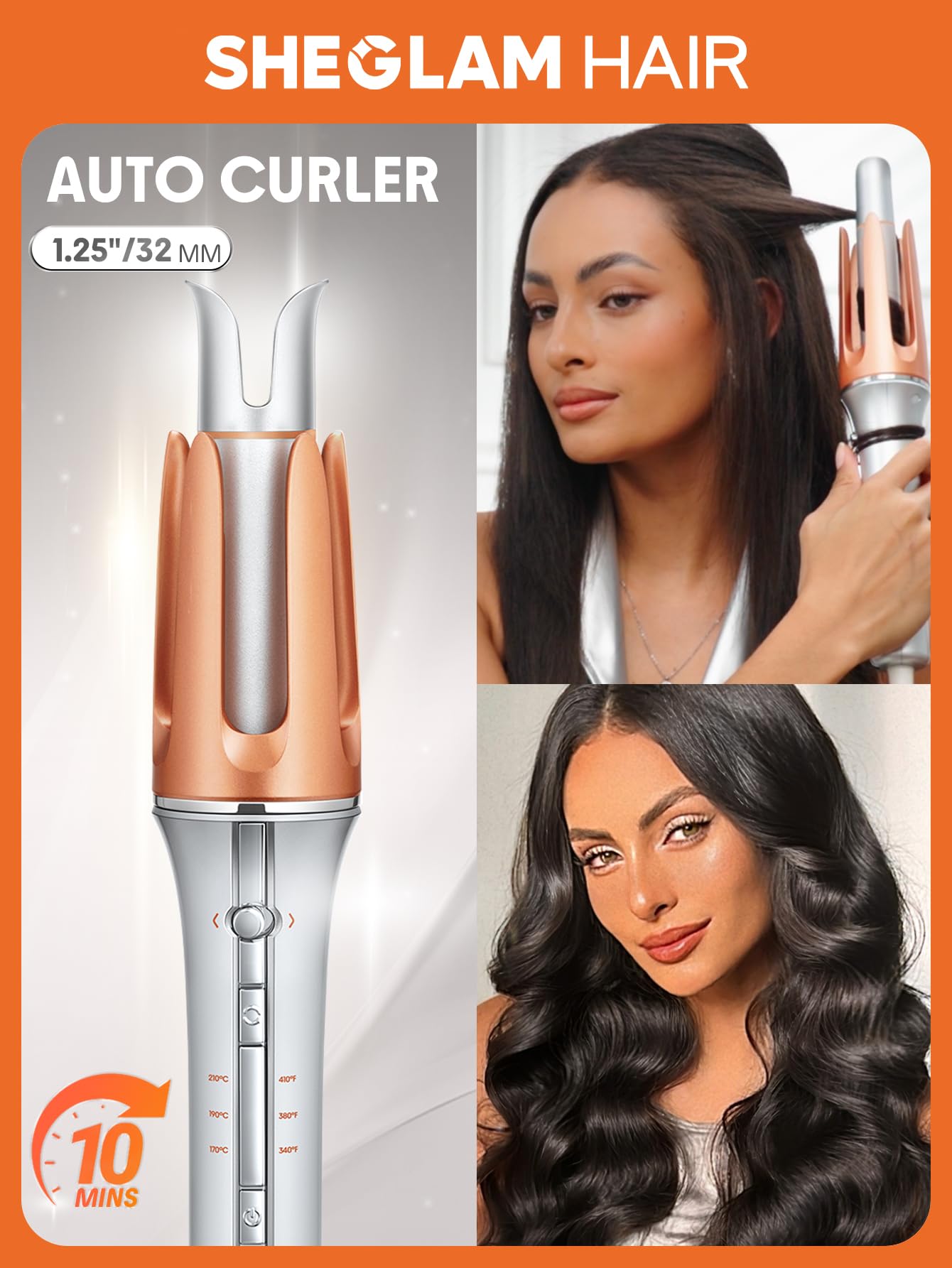 SHEGLAM automatic rotating hair curler control buttons and temperature indicator display