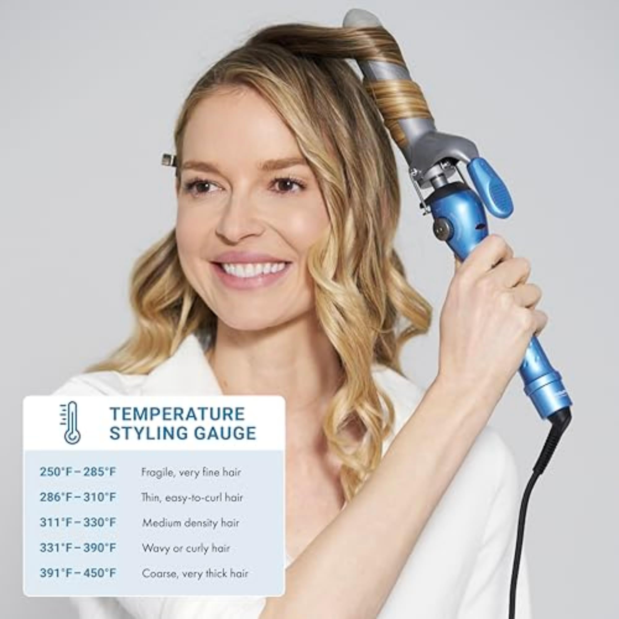 Ergonomic styling tool viewed from the side highlighting the safety stand and insulated cool tip