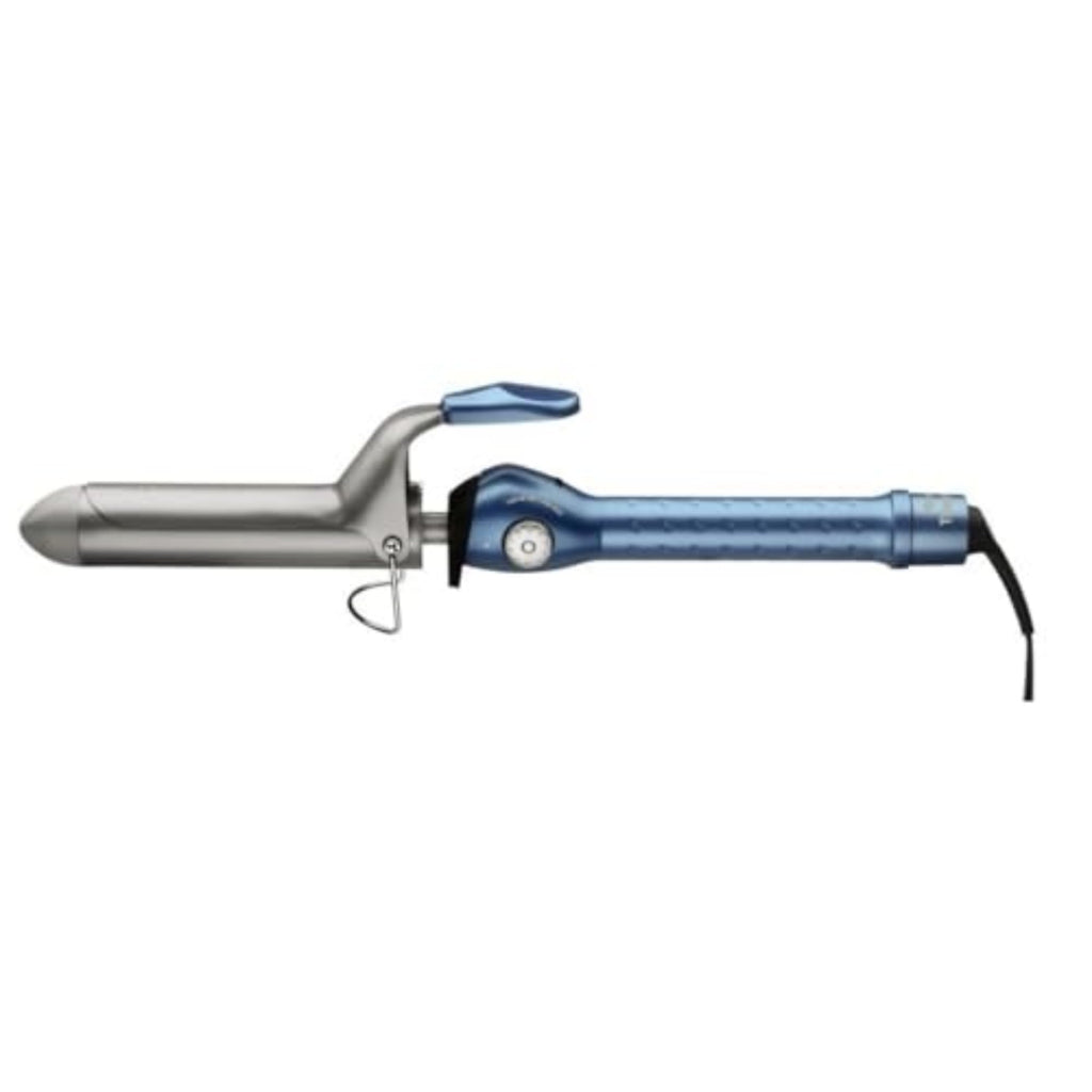 Titanium barrel curling iron angled shot emphasizing the fifty adjustable heat settings indicator